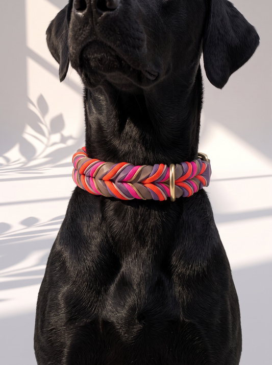 Hunde set aus Fettleder bestehend aus Halsband und Leine in den Farben: Braun und Orchidee mit lila, orangen, rosa und goldenen Details. Geeignet für kleine, mittlere und große Hunde da es individuell a das Gewicht und Größe angepasst wird. Halsband an schwarzem hund
