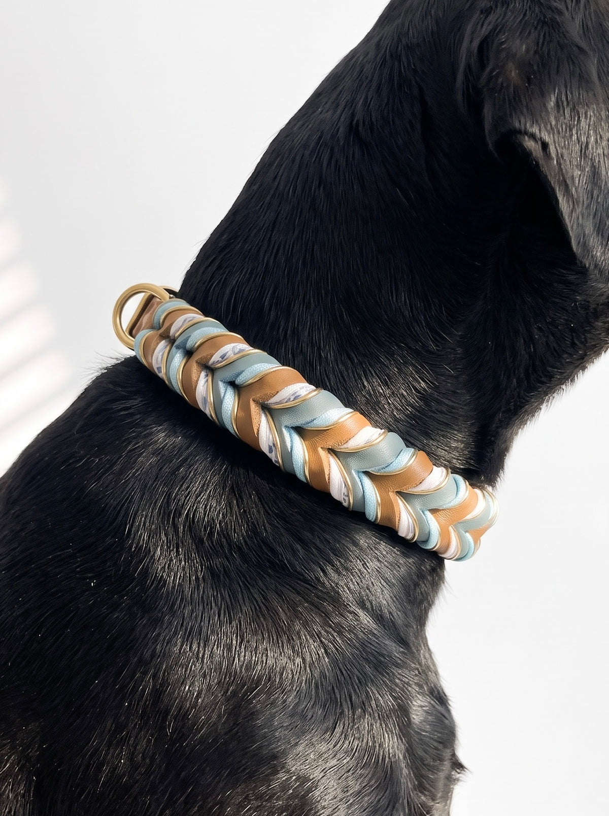 Schwarzer Hund mit geflochtenen Lederhalsband im braun und blau mit Blumenmuster und goldenen Details. 