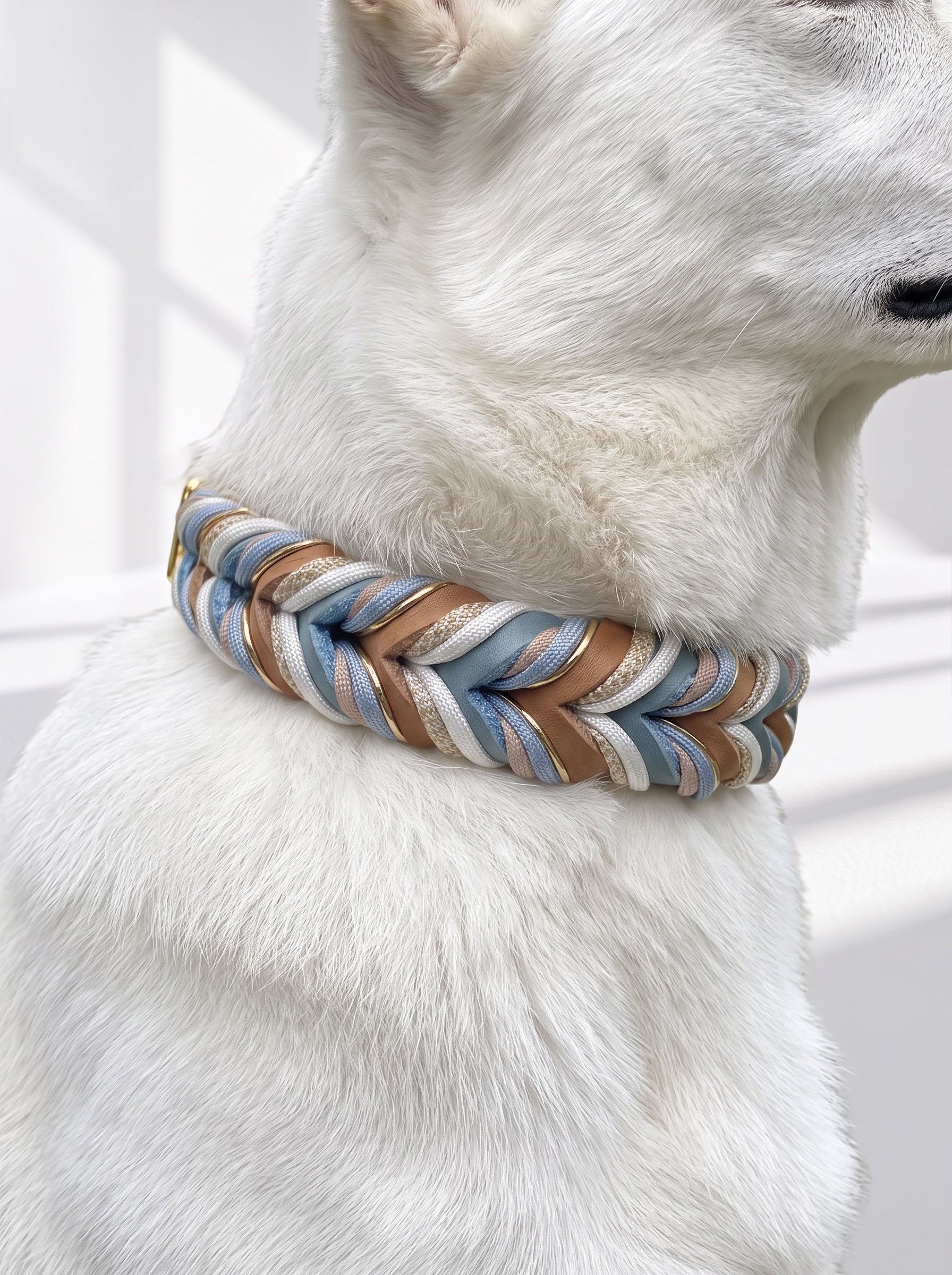 Lederhalsband geflochten getragen von einem weisen Hund. Fettleder in braun und blau. Flechtdetails ins weiß Eis blau und Gold. Handgefertigt und individuell anpassbar 
