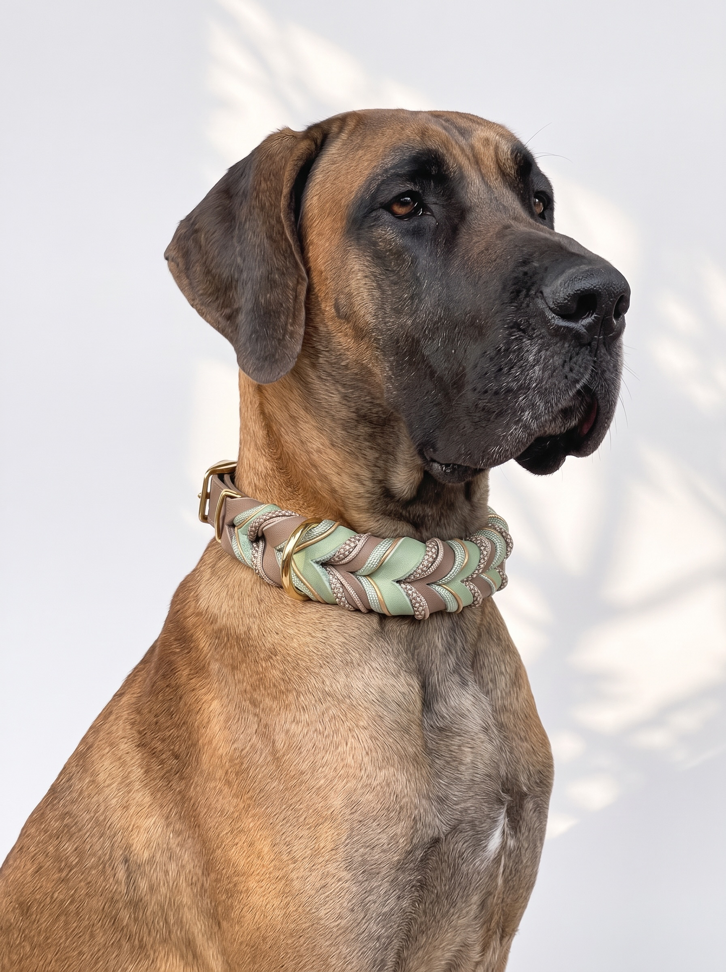Lederhalsband geflochten in grün und braun. Mit goldenen Details. Personalisierbar und individuell anpassbar. Getragen von einer dogge