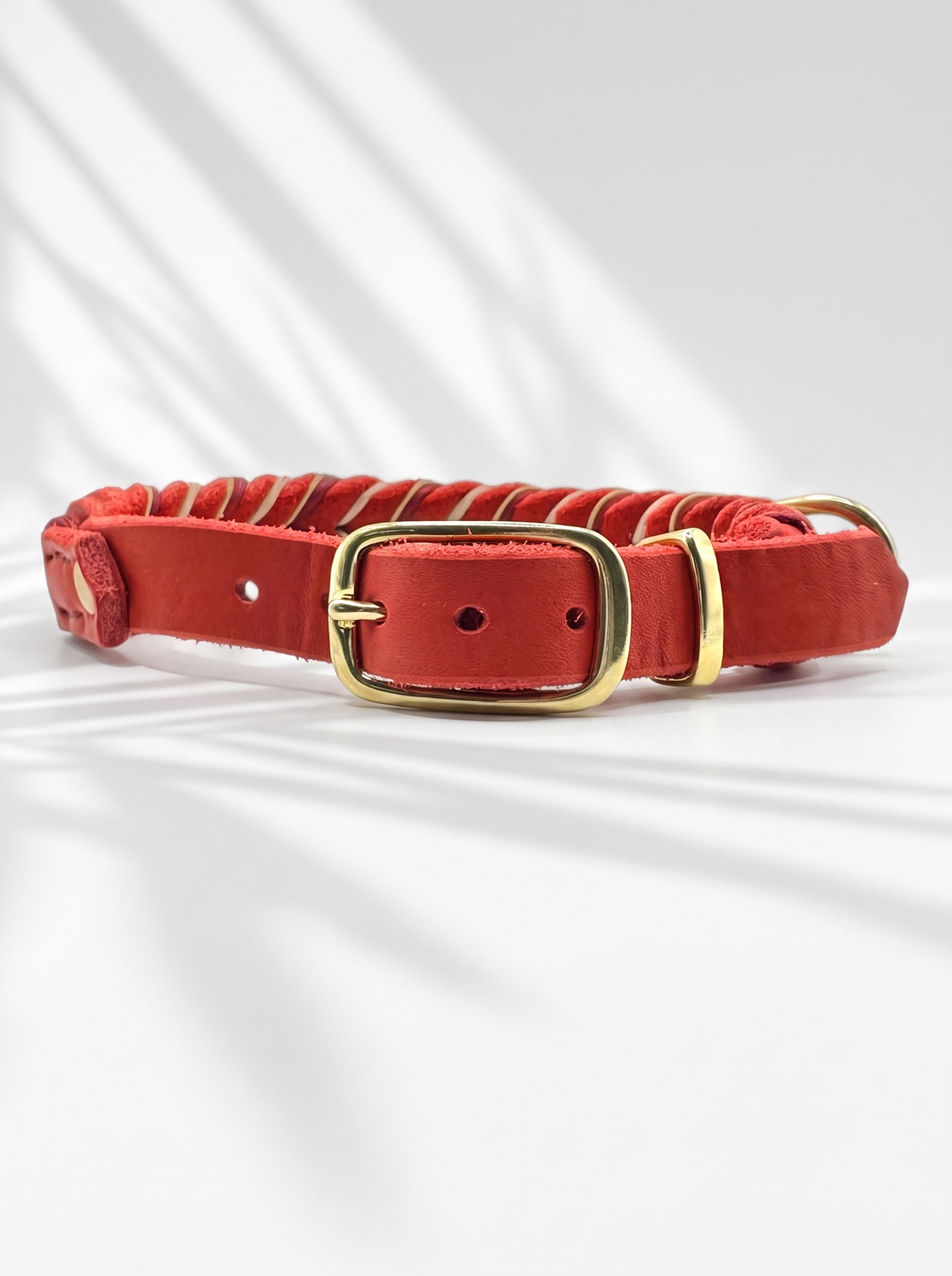 Lederhalsband und Lederleine in Rot mit beigen und goldenen Details. Geeignet für alle Hunde, da es auf das Gewicht des Hundes angepasst wird. Ansicht Halsband vorne doppelstegschnalle