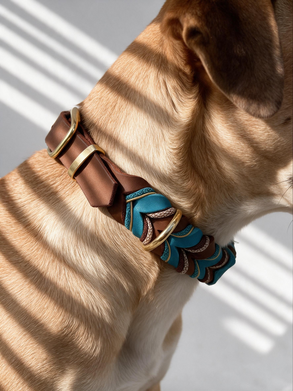 Hundehalsband geflochten aus Leder in der Farbe Türkis und braun mit goldenen Details getragen an einem Hund 