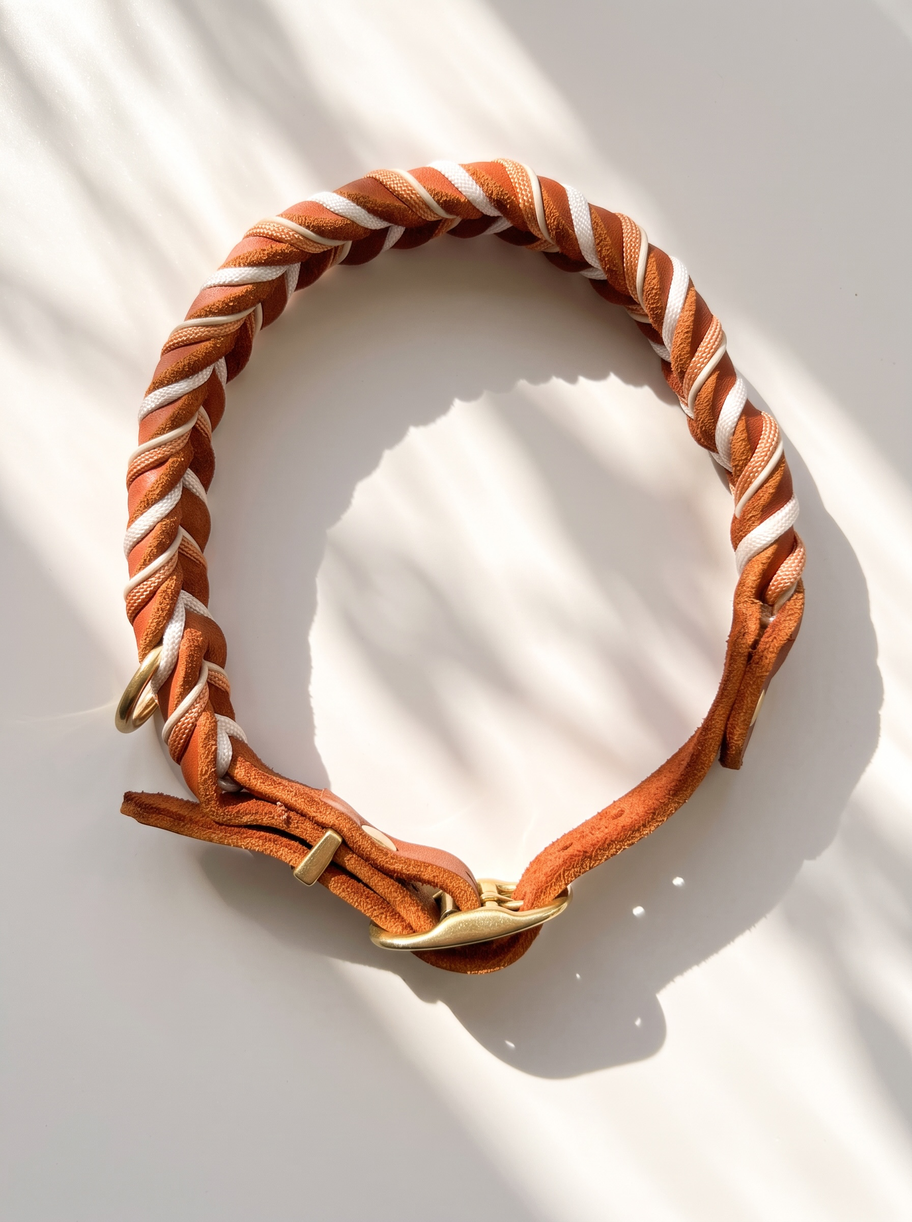 Hundeset aus Fettleder in Braun mit Kupfer und weißen Details. Lederhalsband und Lederleine Geeigent für kleine, mittlere und große Hunde, da es individuell an deinen Hund angepasst wird. Verschiedene Breiten und Längen personalisierbar. Halsband Draufsicht 