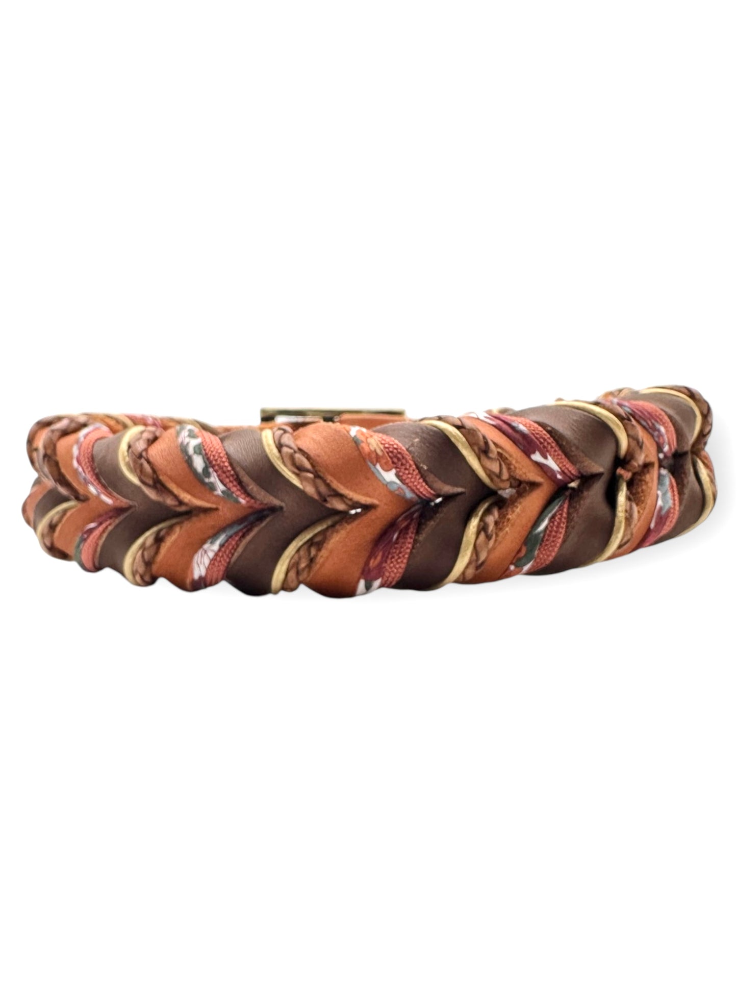 Lederhalsband geflochten aus Fettleder in braun und orange. Herbstliche Farben mit antik goldenen und Bronze Details 