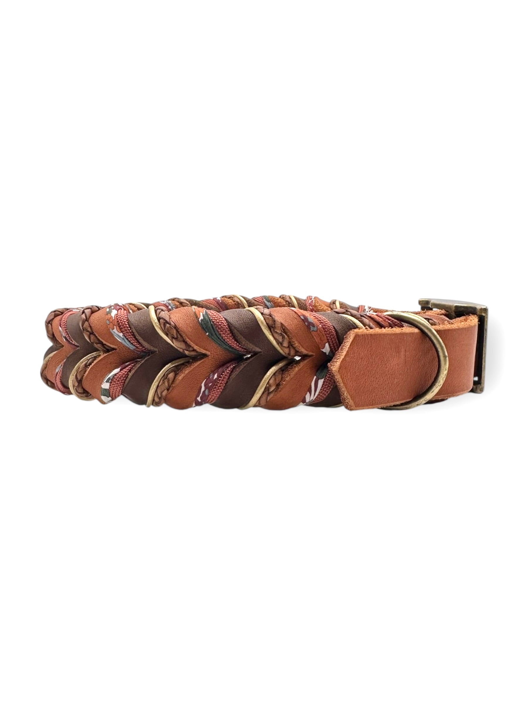Lederhalsband geflochten aus Fettleder in braun und orange. Herbstliche Farben mit antik goldenen und Bronze Details 