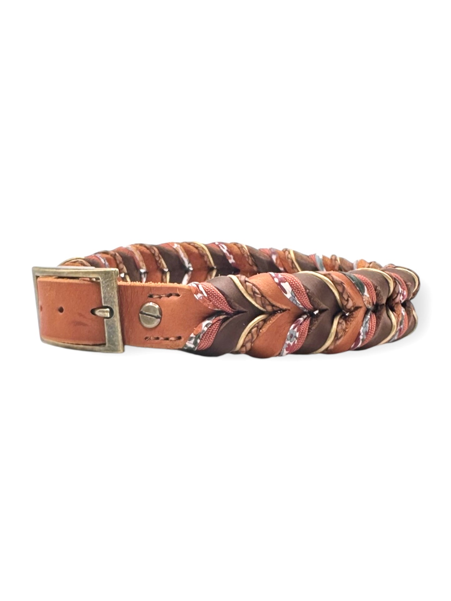 Lederhalsband geflochten aus Fettleder in braun und orange. Herbstliche Farben mit antik goldenen und Bronze Details 