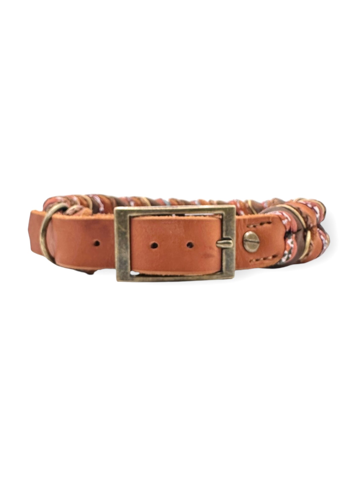Lederhalsband geflochten aus Fettleder in braun und orange. Herbstliche Farben mit antik goldenen und Bronze Details 