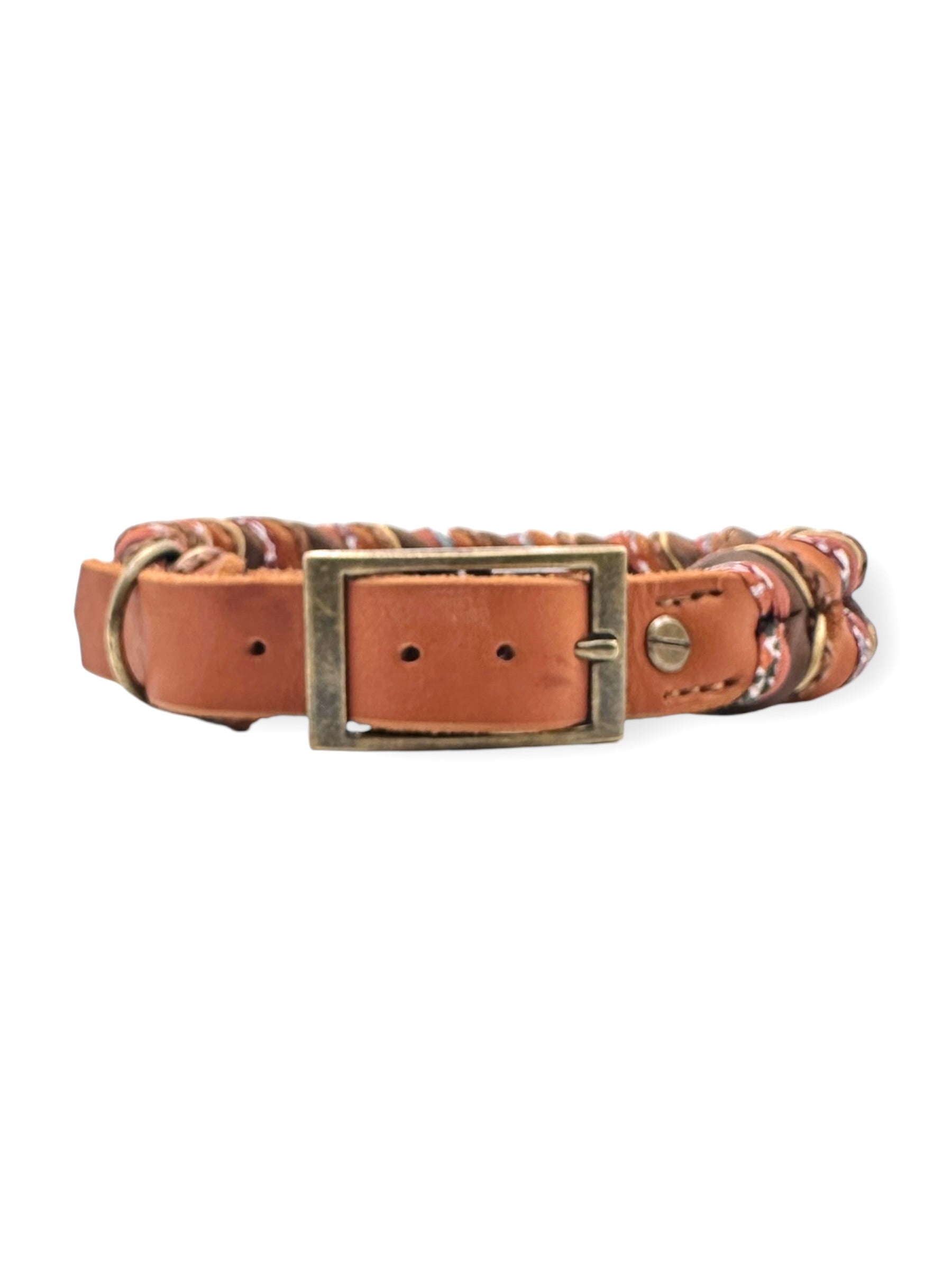 Lederhalsband geflochten aus Fettleder in braun und orange. Herbstliche Farben mit antik goldenen und Bronze Details 