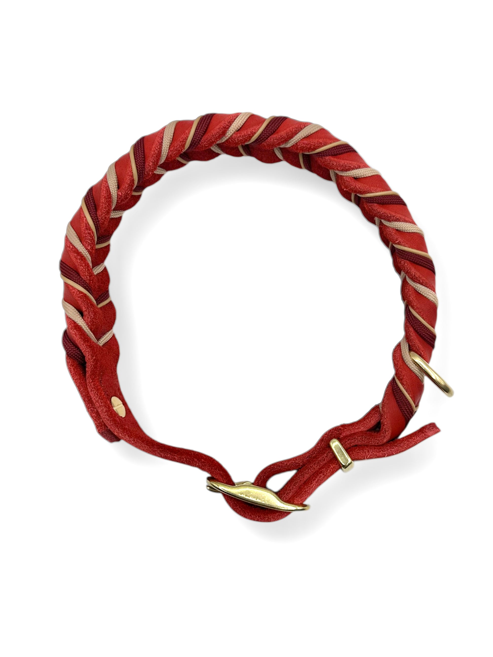 Hundehalsband aus Leder in rot mit beigen und goldenen Details. In verschiedenen Breiten erhältlich, somit geeignet für jede Hundegröße.