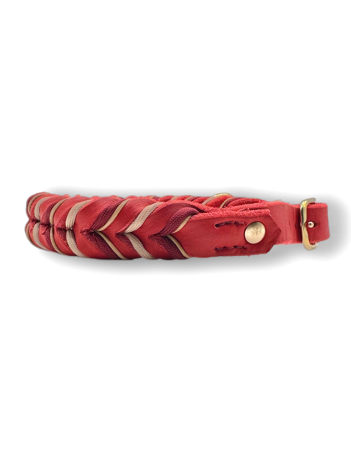 Hundehalsband aus Leder in rot mit beigen und goldenen Details. In verschiedenen Breiten erhältlich, somit geeignet für jede Hundegröße.