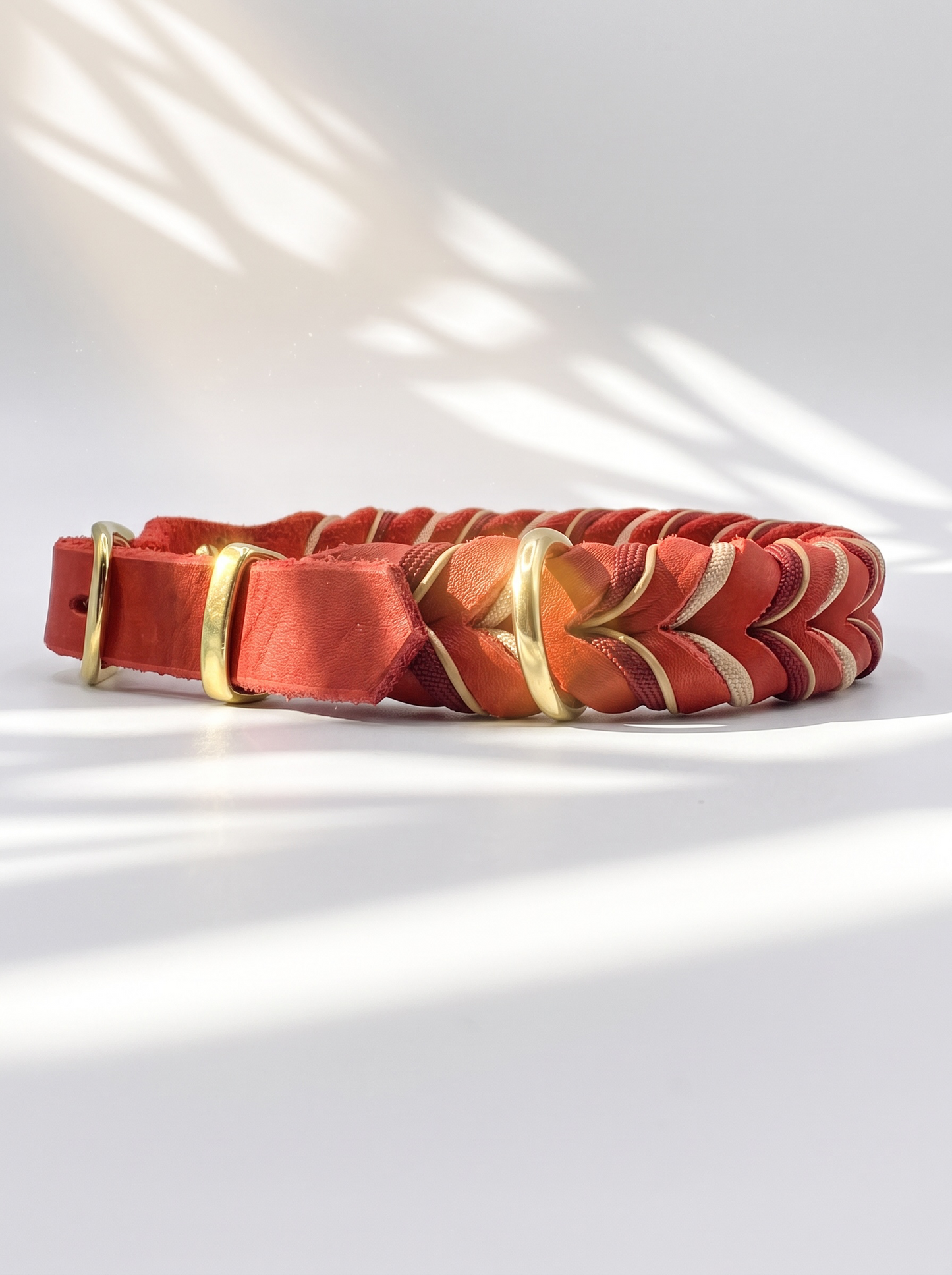 Lederhalsband und Lederleine in Rot mit beigen und goldenen Details. Geeignet für alle Hunde, da es auf das Gewicht des Hundes angepasst wird. Ansicht Halsband Seite 