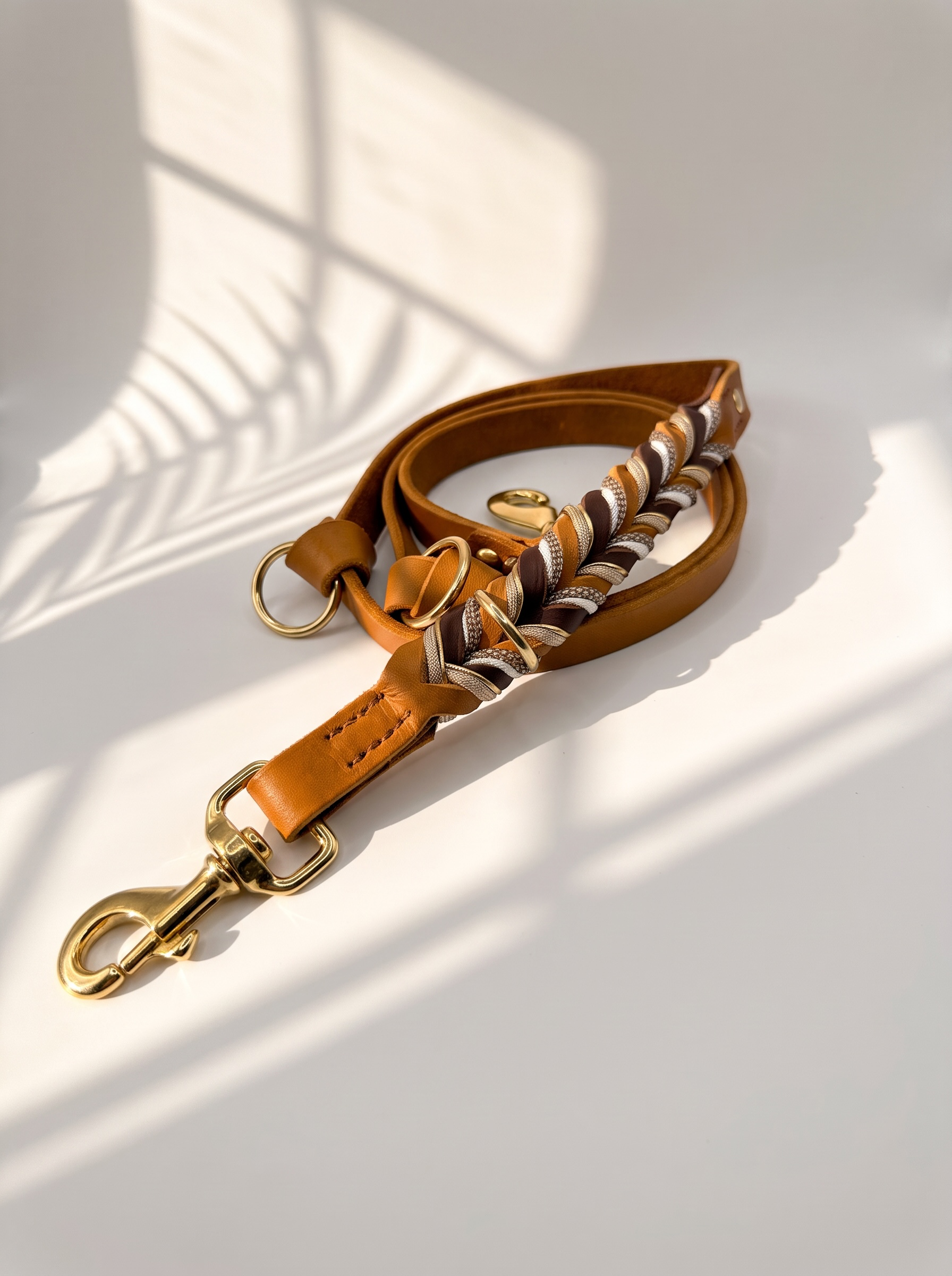 Lederleine geflochten in braun und Cognac mit weißen und goldenen Details. Länge und Breite wählbar. Ansicht Leine 