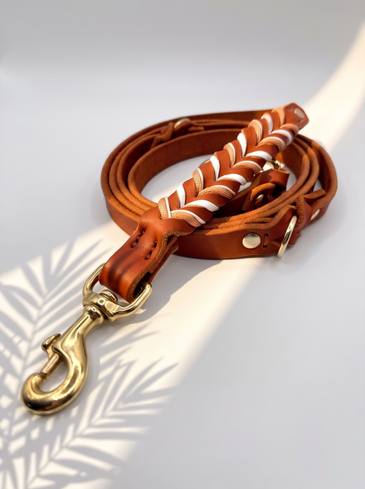 Hundeset aus Fettleder in Braun mit Kupfer und weißen Details. Lederhalsband und Lederleine Geeigent für kleine, mittlere und große Hunde, da es individuell an deinen Hund angepasst wird. Verschiedene Breiten und Längen personalisierbar. Details Lederleine 