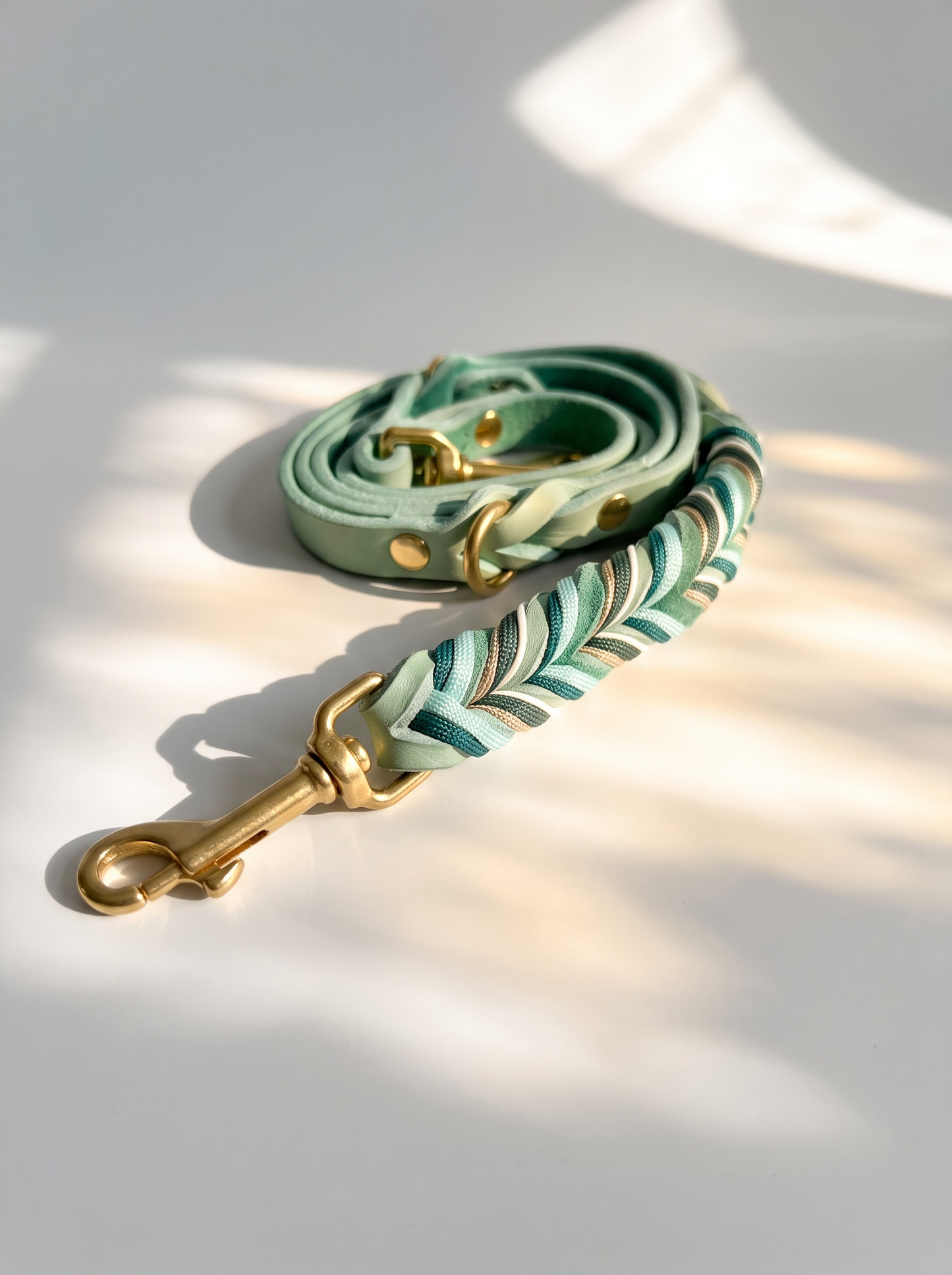 Lederleine geflochten aus Fettleder in der Farbe Mint mit goldenen Details. Personalisierbar und individuell anpassbar. Handgefertigtes Design. Ansicht der kompletten Leine 