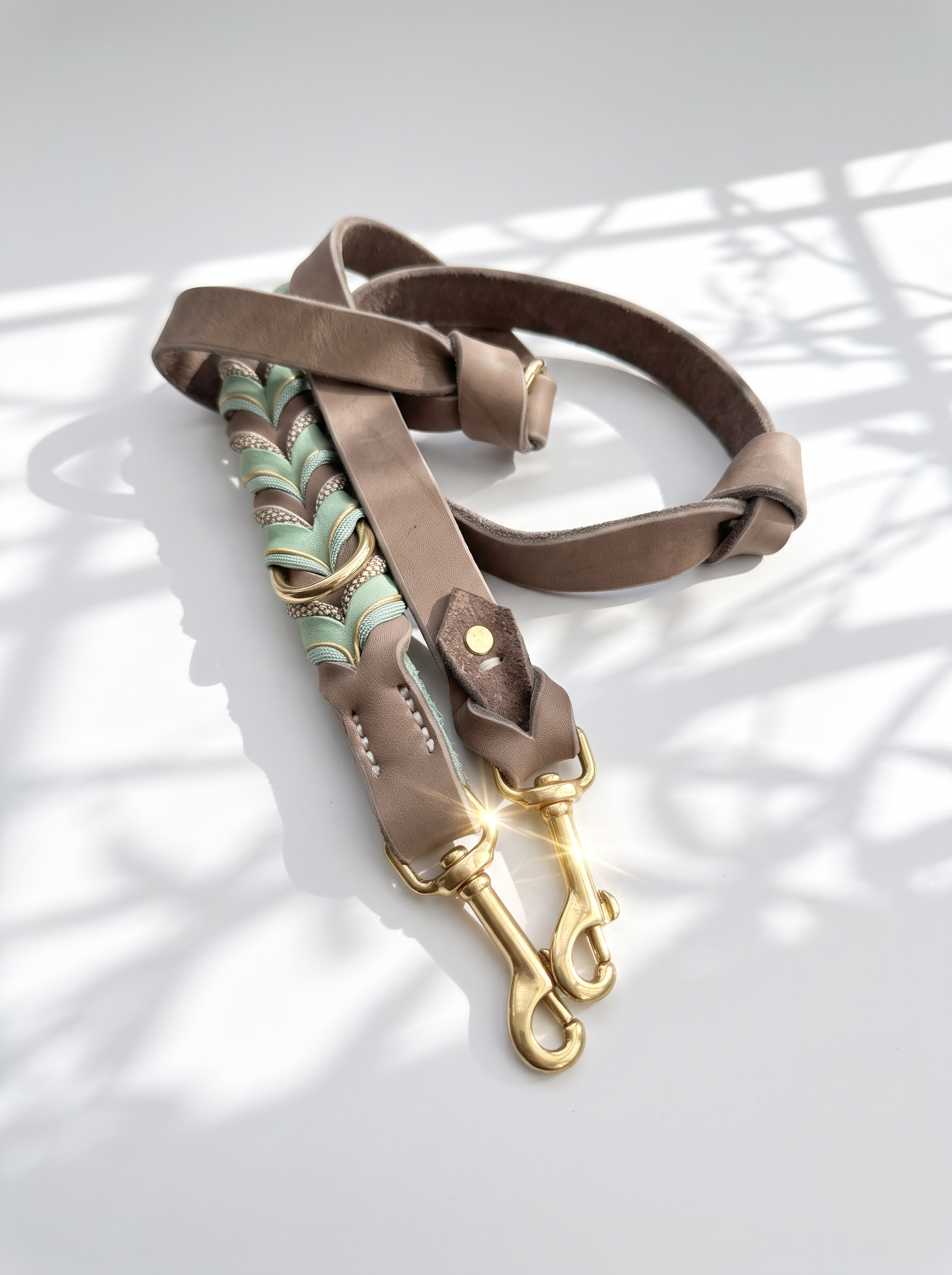 Lederleine geflochten in den Farben mint grün und Schlamm braun. Mit goldenen und beigen Details. Handgefertigt und individuell anpassbar. Ansicht der Leine 