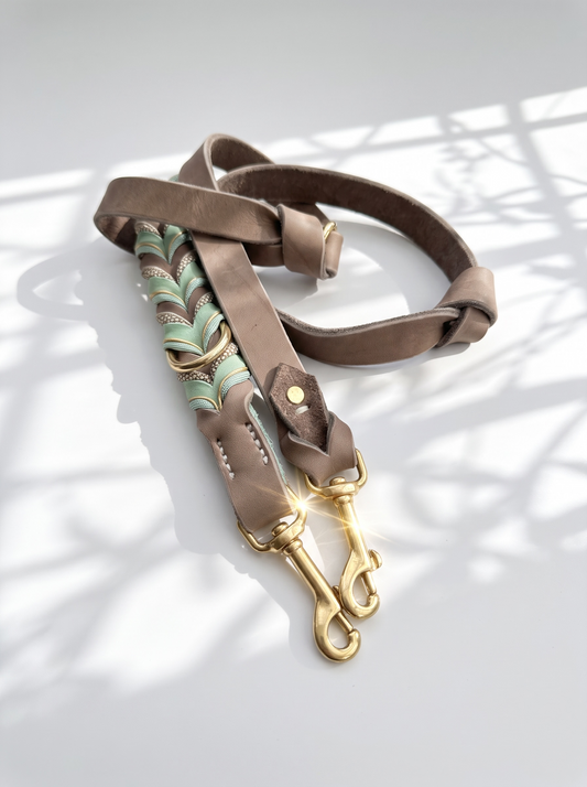 Lederleine geflochten in den Farben mint grün und Schlamm braun. Mit goldenen und beigen Details. Handgefertigt und individuell anpassbar. Ansicht der Leine 