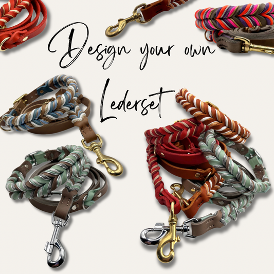 Lederset aus Halsband und Leine in deiner Wunschfarbe. Wähle jedes Detail selbst aus.