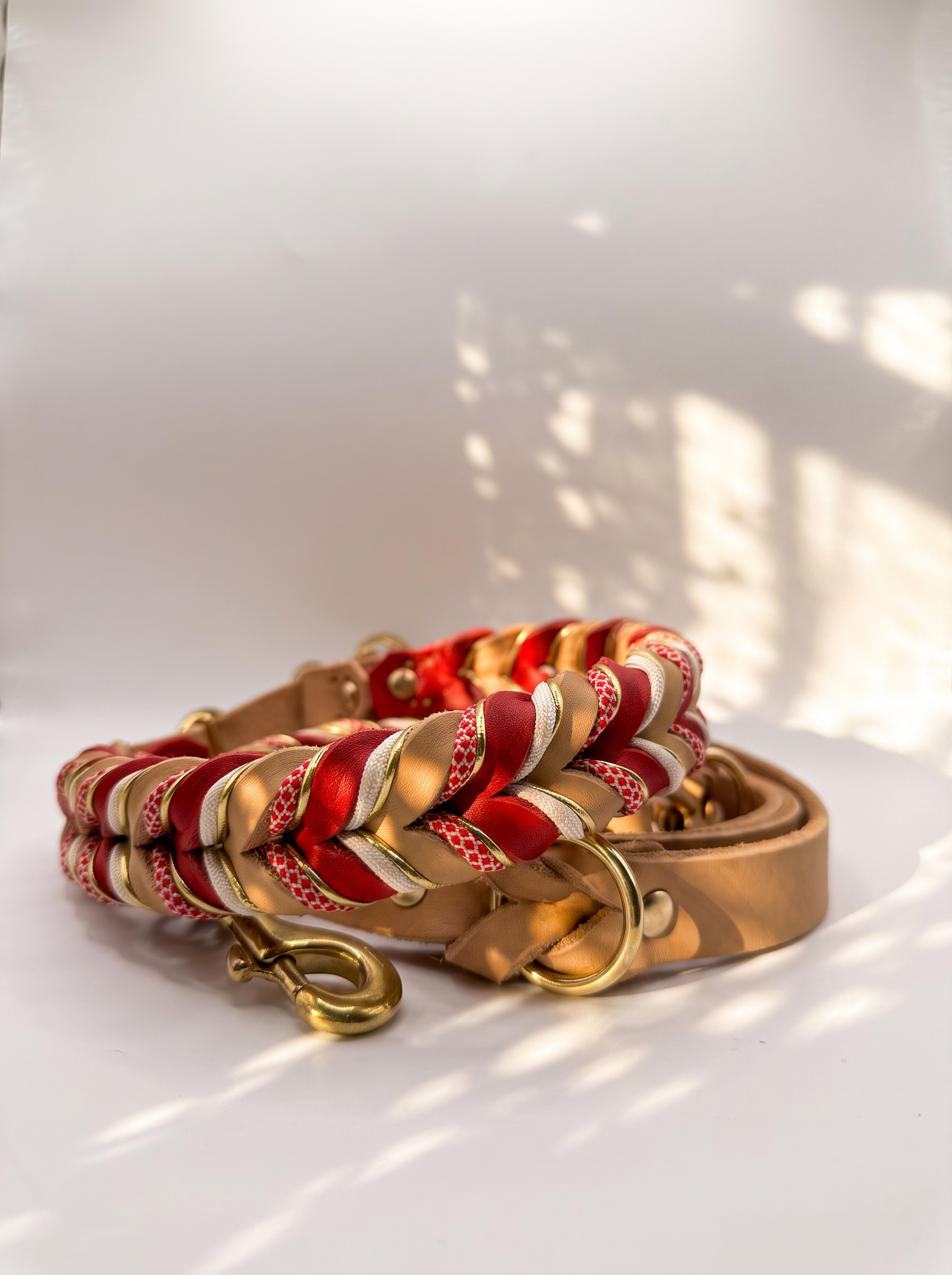 Hundehalsband und Hundeleine aus Leder geflochten in braun und rot mit goldenen Details. Zugstopp Verschluss. Individuell anpassbar für jeden Hund. Ansicht komplett set