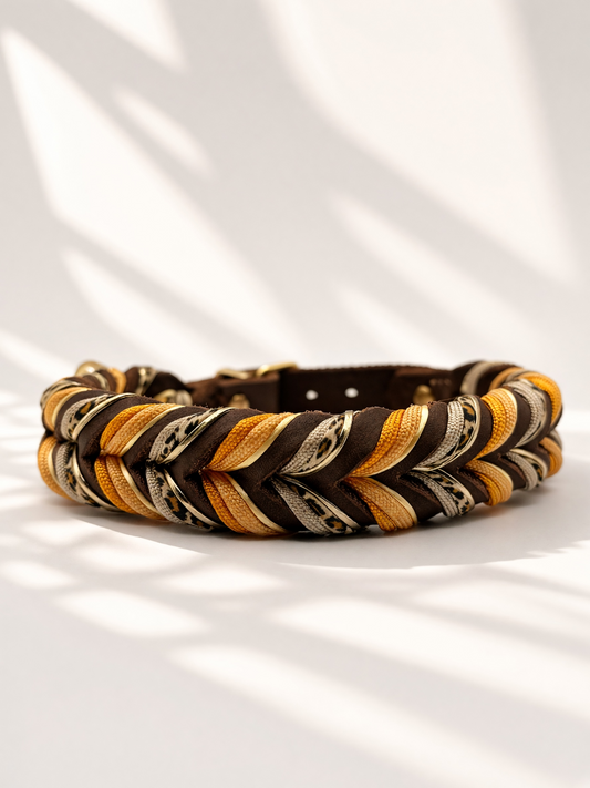 Hundehalsband aus Fettleder in schokobrau mit Leo Muster und gold gelben details. Handgemacht und individuell anpassbar. Ansicht des Lederhalsband von hinten.