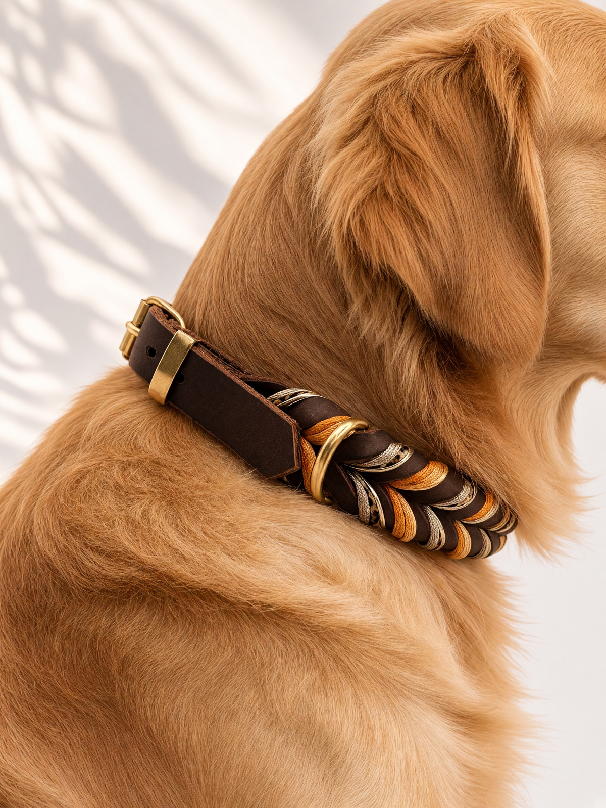 Hundehalsband aus Fettleder in schokobrau mit Leo Muster und gold gelben details. Handgemacht und individuell anpassbar. Ansicht von der Seite getragen an einem hund 