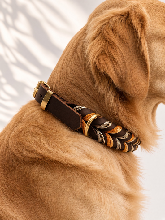 Hundehalsband aus Fettleder in schokobrau mit Leo Muster und gold gelben details. Handgemacht und individuell anpassbar. Ansicht von der Seite getragen an einem hund 
