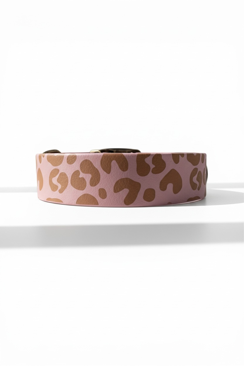 BioThanehalsband mit Leo details in pastel Rosa mit braun. Beschläge in antik-Gold. Personalisierbar 