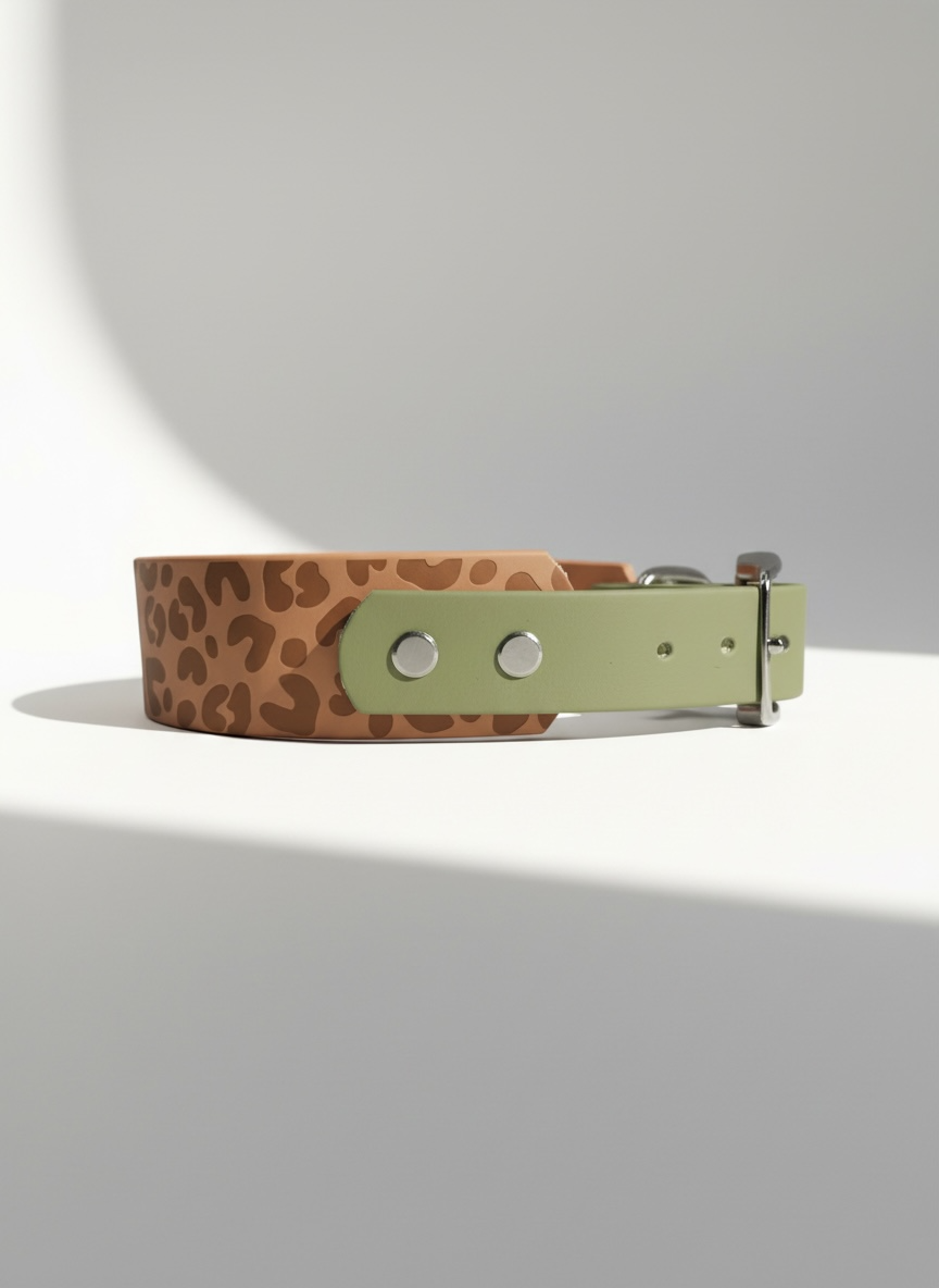 Hundehalsband aus BioThane in orange und grün mit leoprint und Namensgravur 