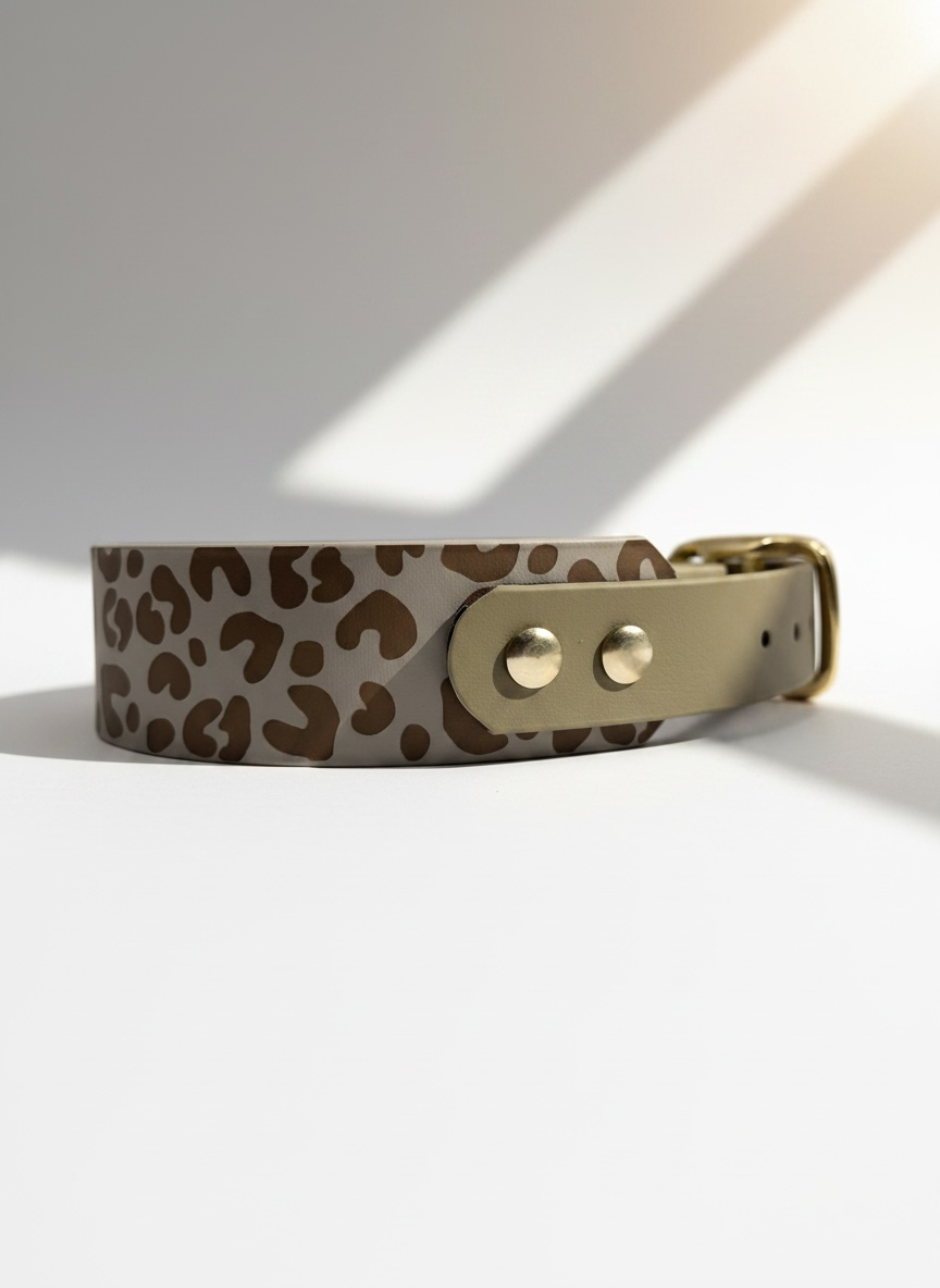 Hundehalsband aus BioThane mit leoprint in den Farben Beige und Taupe. Farbe der Beschläge sind wählbar, Namensgravur ist optional. 
