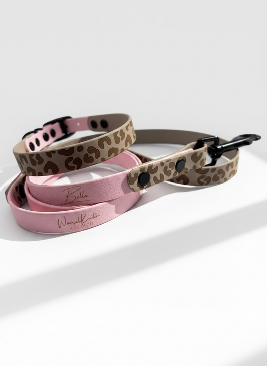 Hundehalsband und Hundeleine aus BioThane mit Leomuster in Taupe und Rosa oder deinen Wunschfarben. individuell anpassbar mit Namensgravur und Messing Beschlägen. Ansicht: Set vorne