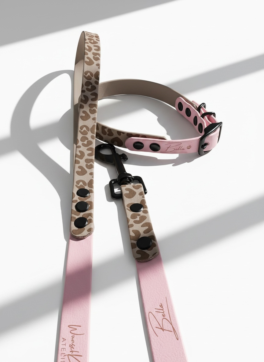 Hundehalsband und Hundeleine aus BioThane mit Leomuster in Taupe und Rosa oder deinen Wunschfarben. individuell anpassbar mit Namensgravur und Messing Beschlägen. Ansicht: Set details 