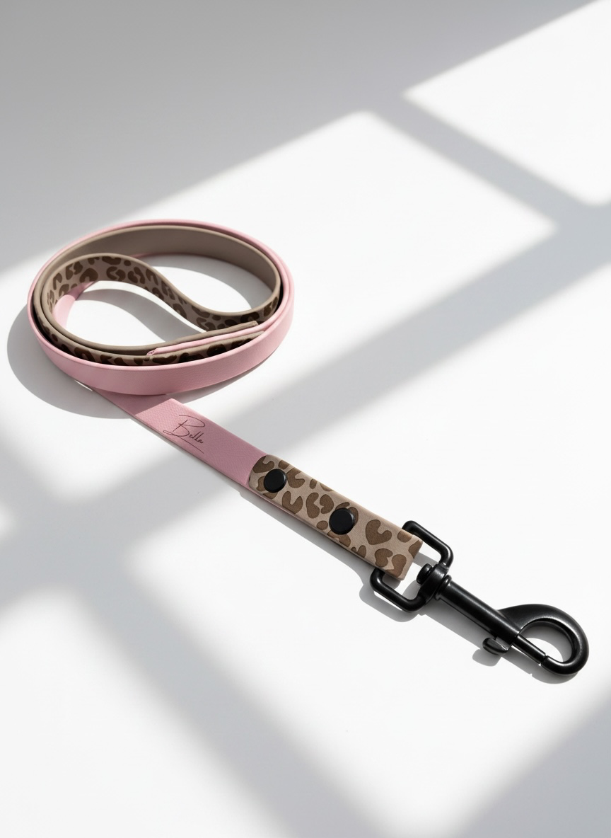 Hundehalsband und Hundeleine aus BioThane mit Leomuster in Taupe und Rosa oder deinen Wunschfarben. individuell anpassbar mit Namensgravur und Messing Beschlägen. Ansicht: Leine