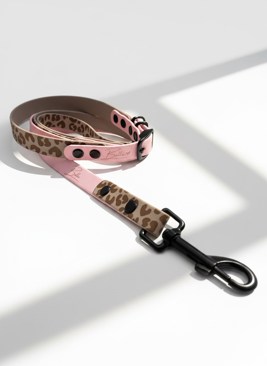 Hundehalsband und Hundeleine aus BioThane mit Leomuster in Taupe und Rosa oder deinen Wunschfarben. individuell anpassbar mit Namensgravur und Messing Beschlägen. Ansicht: Set details Namensgravur