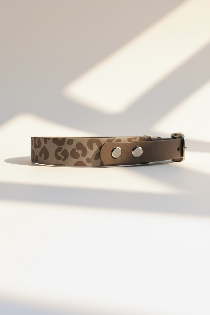 Leopardenhalsband aus biothane in den Farben taupe und coyote Braun mit silbernen Beschlägen 