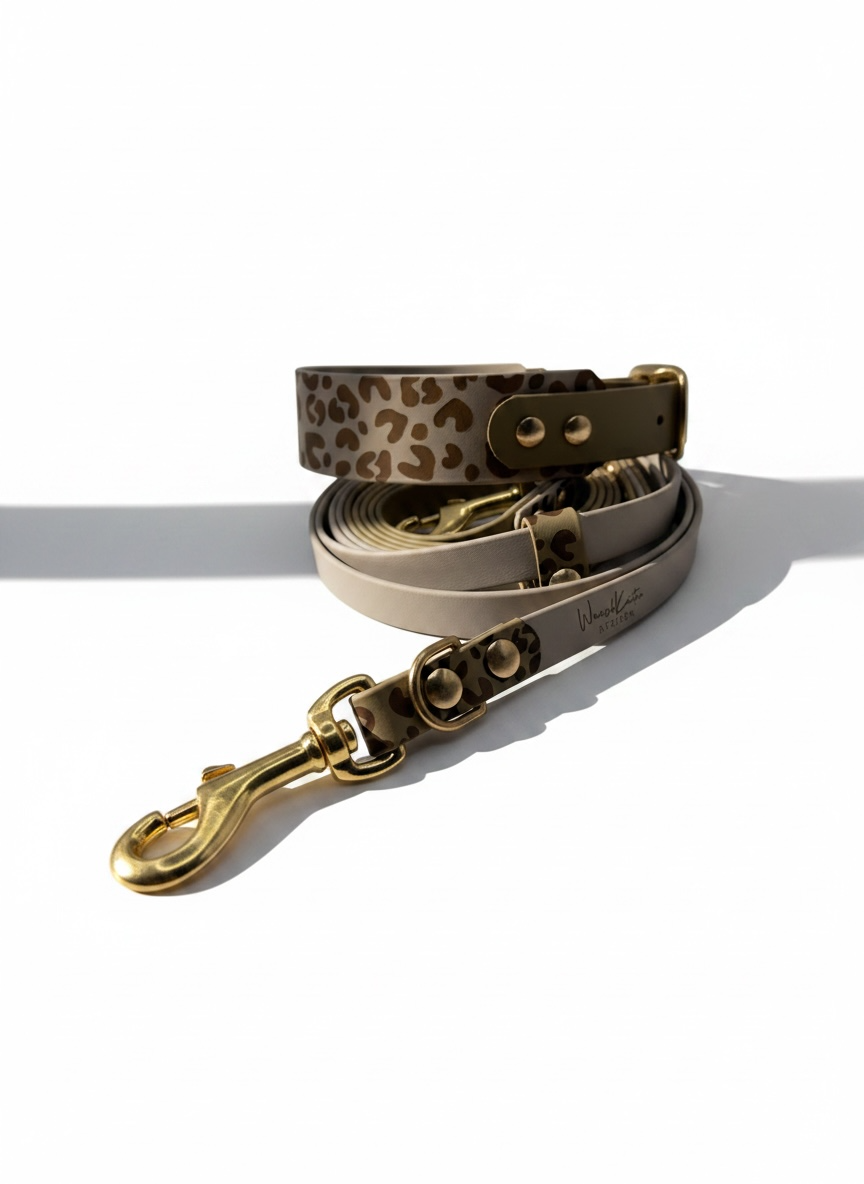 Hundeleine und Hundehalsband aus BioThane mit leoprint in den Farben Beige und Taupe. Farbe der Beschläge sind wählbar, Namensgravur ist optional. 