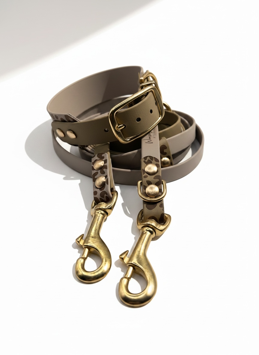 Hundeleine und Hundehalsband aus BioThane mit leoprint in den Farben Beige und Taupe. Farbe der Beschläge sind wählbar, Namensgravur ist optional. 