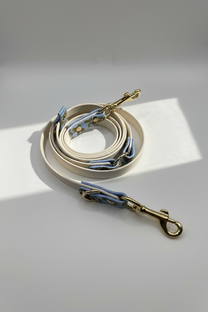 Leoparden Hundeleine aus BioThane in Arctic Wolf und Polar Blau mit goldfarbenen Messingbeschlägen, Vogelperspektive der verstellbaren Hundeleine im Leo Design. Handgefertigte BioThane Leine passend zum Leopardenhalsband, individuell konfigurierbar mit wählbarer Leinenlänge, verschiedenen Verstellmöglichkeiten und anpassbarer Beschlagfarbe. Robuste, wasserfeste und pflegeleichte Hundeleine für kleine und große Hunde, geeignet für Alltag, Training und Spaziergänge. Personalisiertes Hundezubehör im modernen L