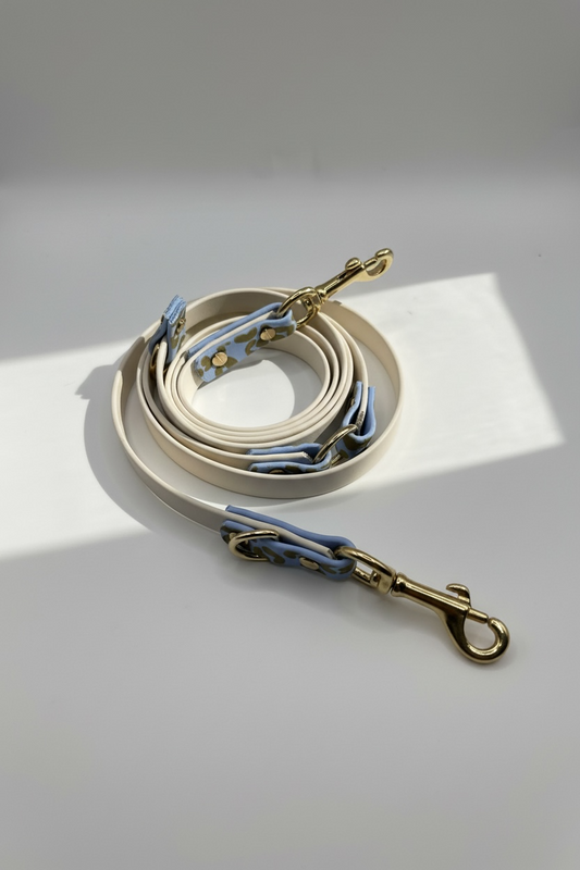 Leoparden Hundeleine aus BioThane in Arctic Wolf und Polar Blau mit goldfarbenen Messingbeschlägen, Vogelperspektive der verstellbaren Hundeleine im Leo Design. Handgefertigte BioThane Leine passend zum Leopardenhalsband, individuell konfigurierbar mit wählbarer Leinenlänge, verschiedenen Verstellmöglichkeiten und anpassbarer Beschlagfarbe. Robuste, wasserfeste und pflegeleichte Hundeleine für kleine und große Hunde, geeignet für Alltag, Training und Spaziergänge. Personalisiertes Hundezubehör im modernen L