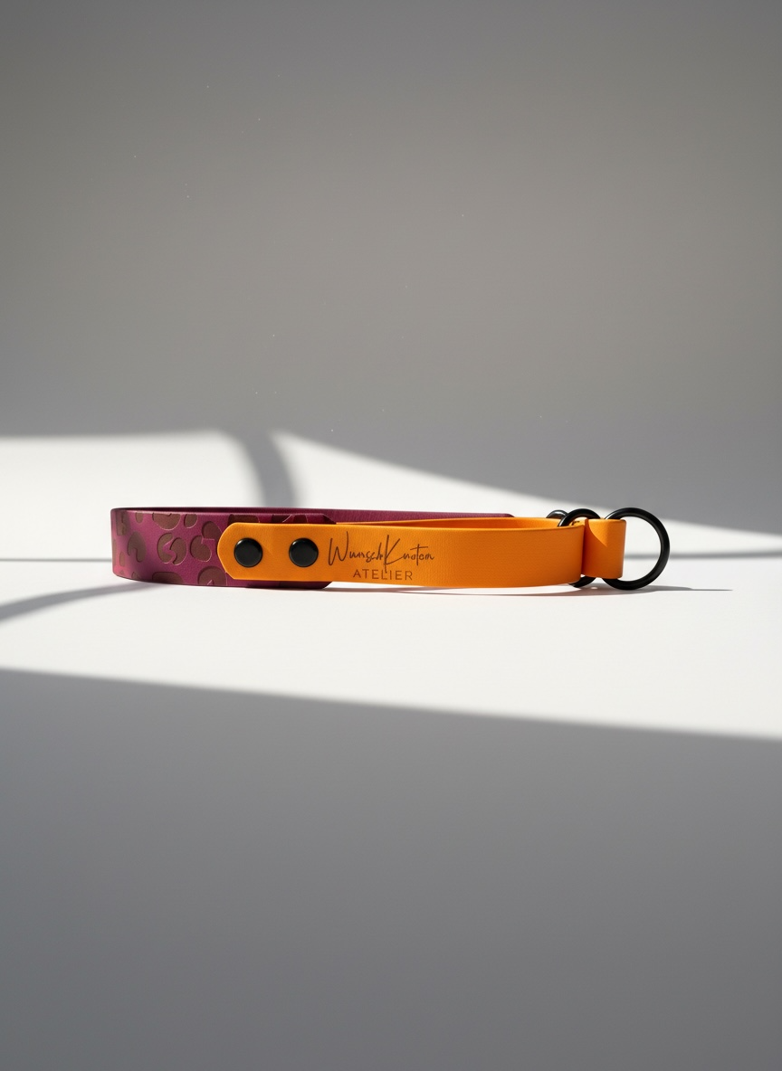 Hundehalsband aus BioThane mit Zugstopp und leoprint in orange und magenta mit schwarzen Beschlägen 