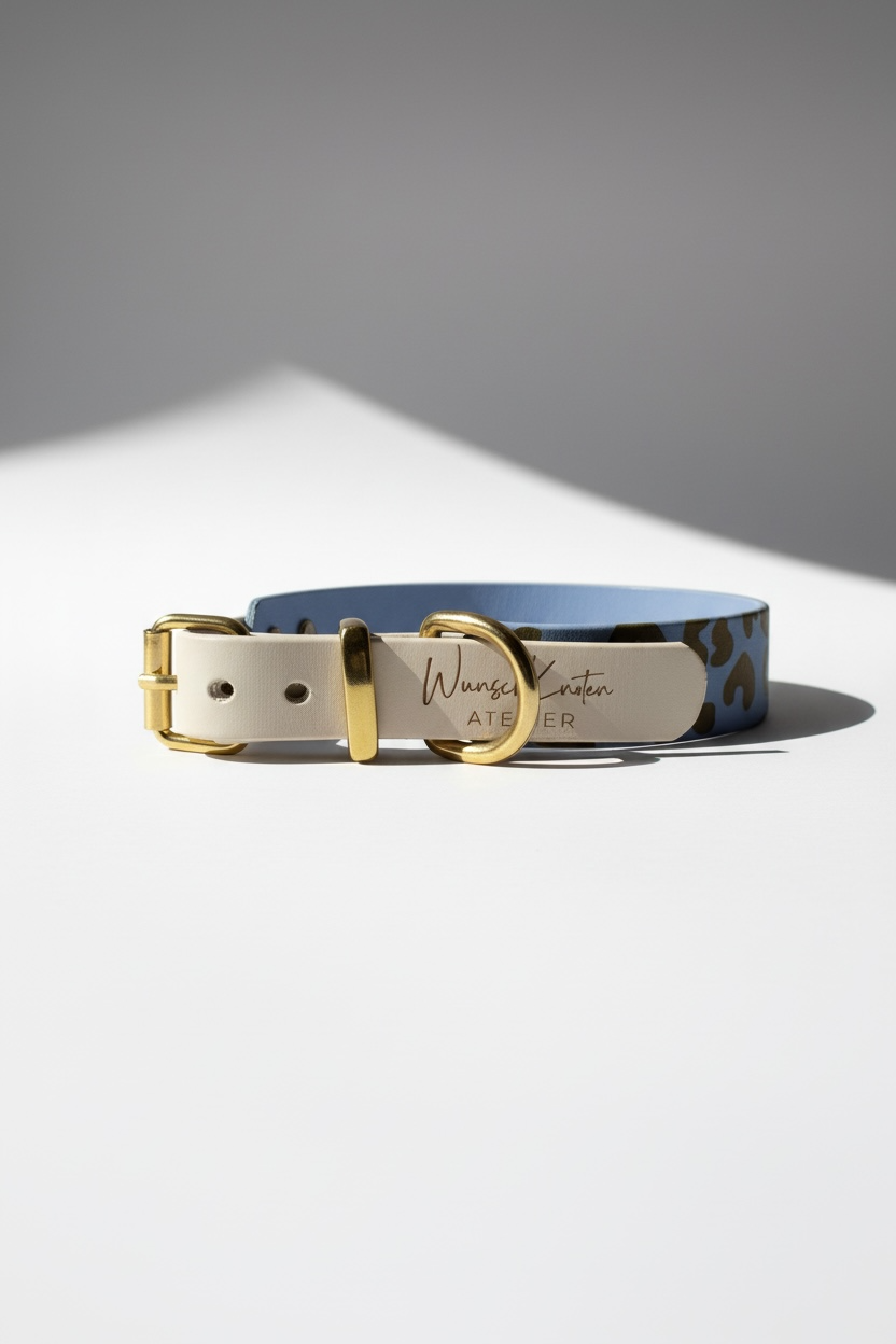 Detailaufnahme des Leoparden Hundehalsbandes aus BioThane in Arctic Wolf und Polar Blau mit gut sichtbarem Verschluss und goldfarbenen Messingbeschlägen. Handgefertigtes BioThane Hundehalsband im Leoparden Design mit wählbarer Verschlussart, erhältlich als verstellbares Halsband mit Schnalle oder als Zugstopp Halsband. Individuell konfigurierbar mit anpassbarer Breite, frei wählbarer Beschlagfarbe sowie optionaler Namensgravur oder Logo Gravur. Robustes, wasserfestes und pflegeleichtes Hundehalsband für kle
