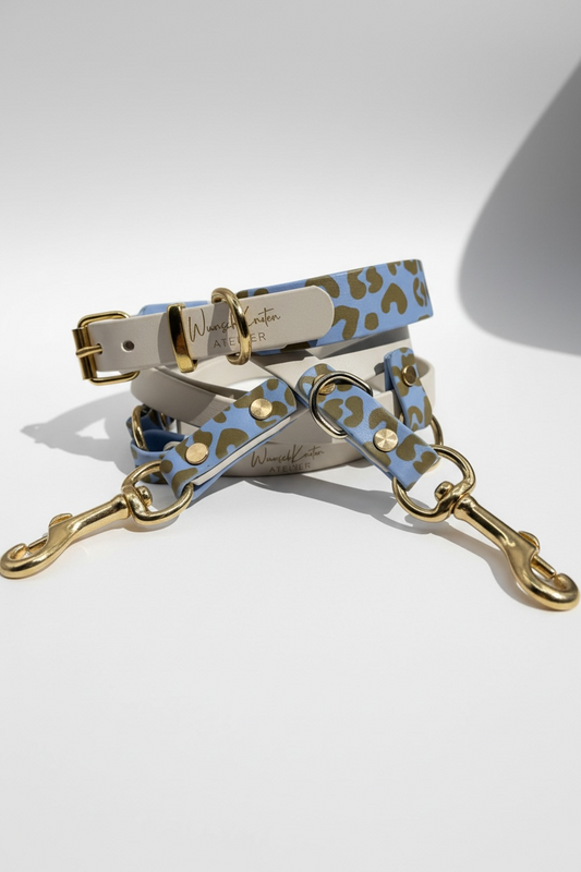 Leopardenhalsband und leopardenleine in Arctic Wolf und polar Blau mit goldenen Beschlägen. BioThane Hundeset bestehend aus Hundehalsband und Hundeleine Beschläge aus Messing. Mit Namensgravur personalisierbar 