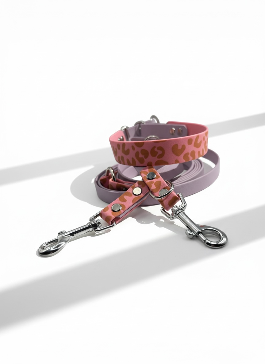 Leohalsband und Leoleine für Hunde in pastel rosa und pastel Lila aus biothane mit namensgravur