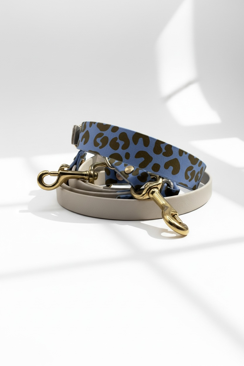 Leoparden Hundeset aus BioThane bestehend aus Hundehalsband und Hundeleine in Arctic Wolf und Polar Blau mit goldfarbenen Messingbeschlägen, Rückansicht des Sets. Handgefertigtes BioThane Hundeset im Leo Design, personalisierbar mit Namensgravur oder Logo Gravur. Halsband wahlweise als verstellbares Halsband oder Zugstopp Halsband erhältlich. Breite, Beschlagfarbe, Leinenlänge und Verstellmöglichkeiten individuell wählbar. Robustes, wasserfestes Hundeset für kleine und große Hunde.