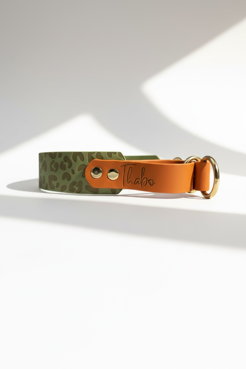 Hundehalsband mit Namensgravur und Leoparden-Look aus BioThane. Zugstopp oder Schnallenverschluss, Breite und Größe sowie Farbe der Beschläge wählbar.  