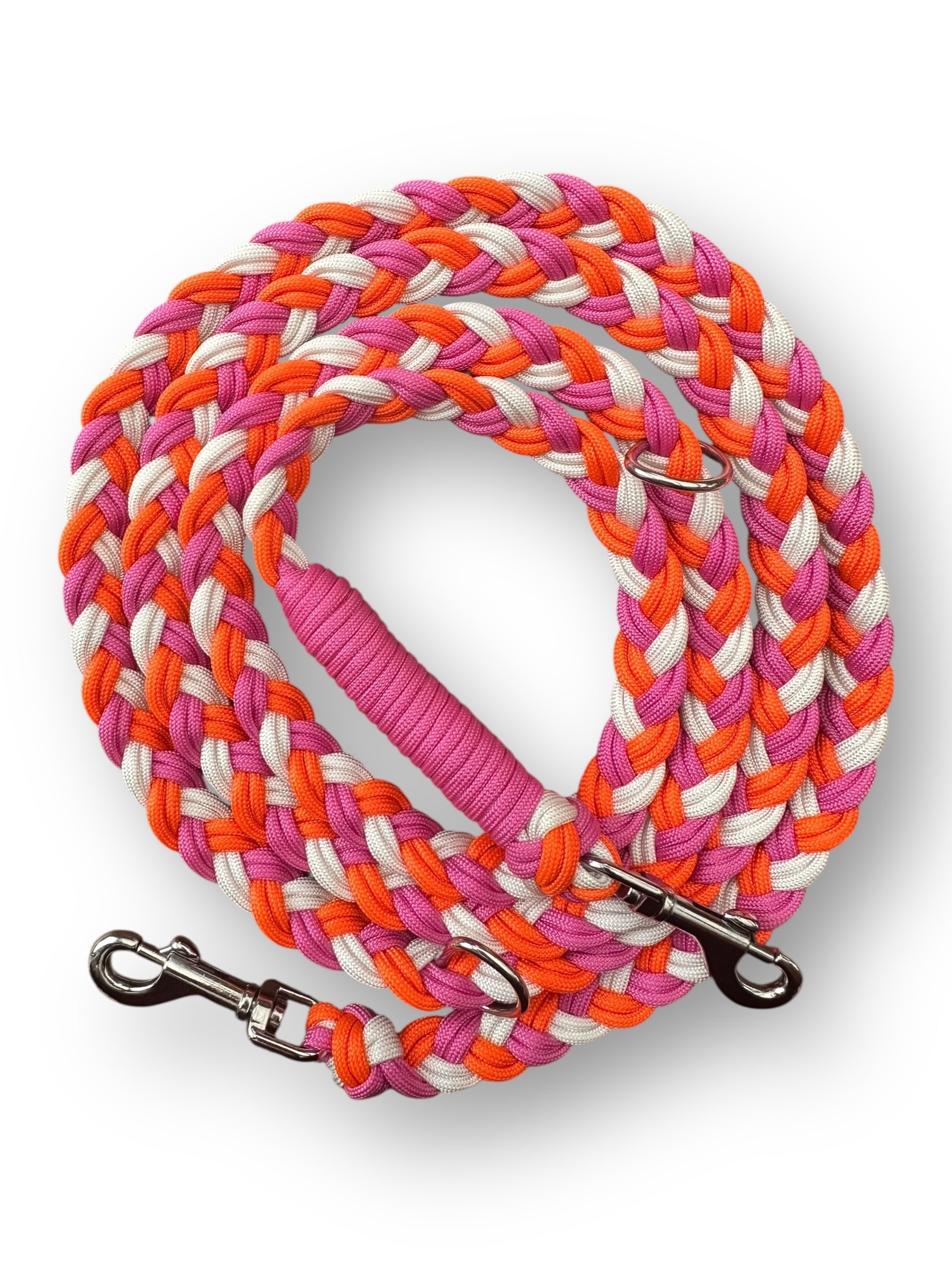 Hundeleine aus Paracord geflochten in den Farben Sunset Orange, bubble gum Rosa und Weiß - gesamtansicht