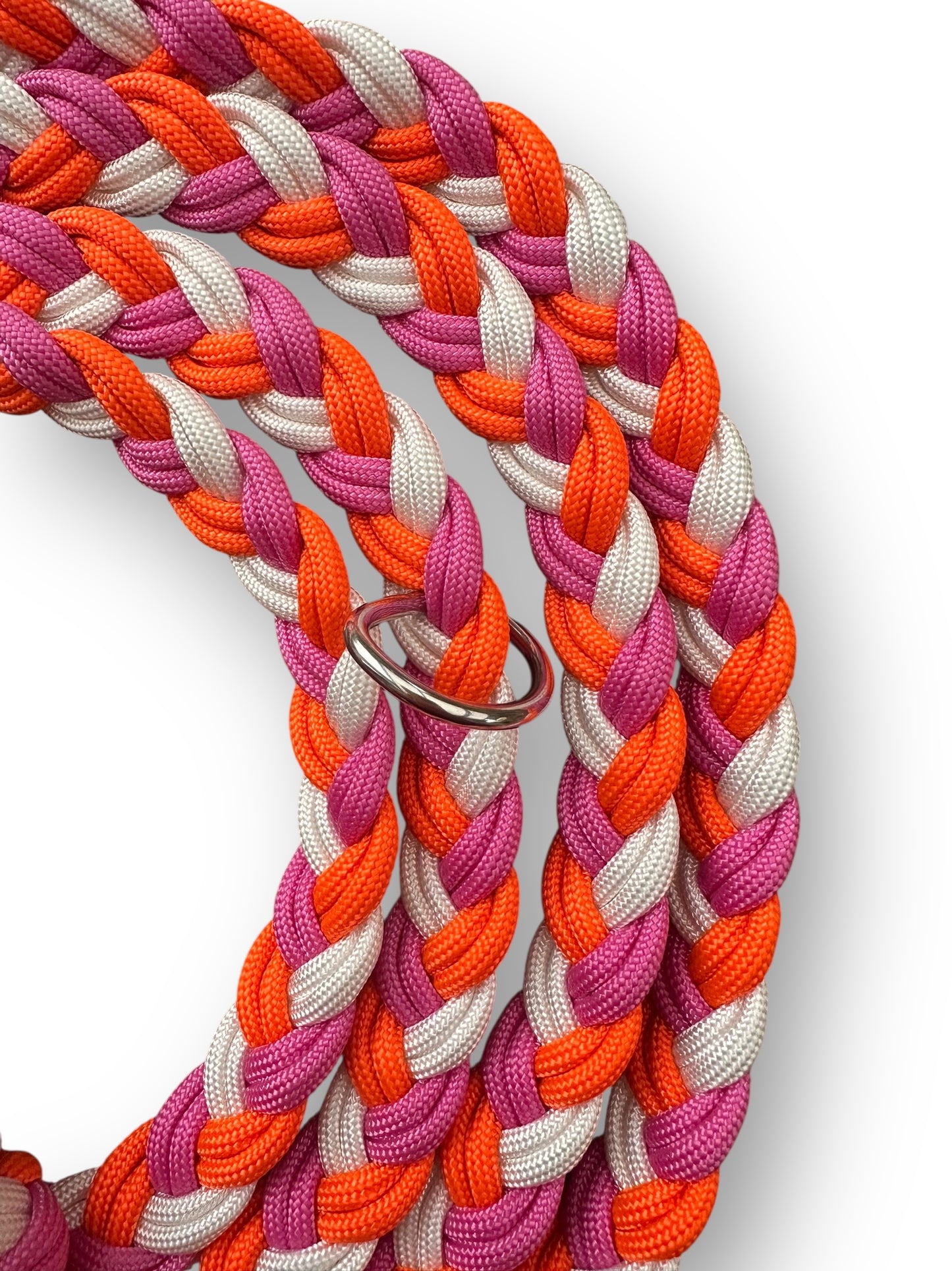Hundeleine aus Paracord geflochten in den Farben Sunset Orange, bubble gum Rosa und Weiß - seil