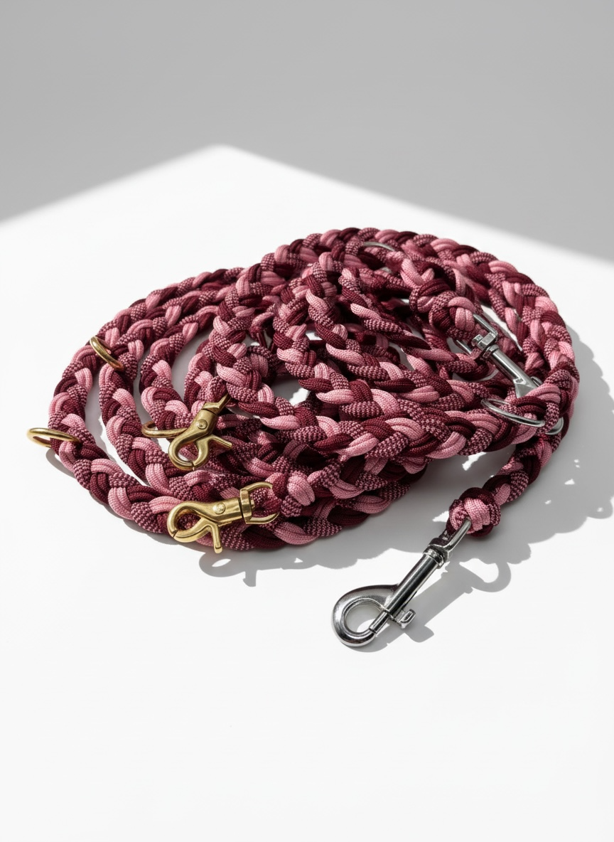 Paracord Leine geflochten in den Farben rosa und rot. Mit goldenen oder silbernen Beschlägen, individuell für deinen Hund gefertigt 