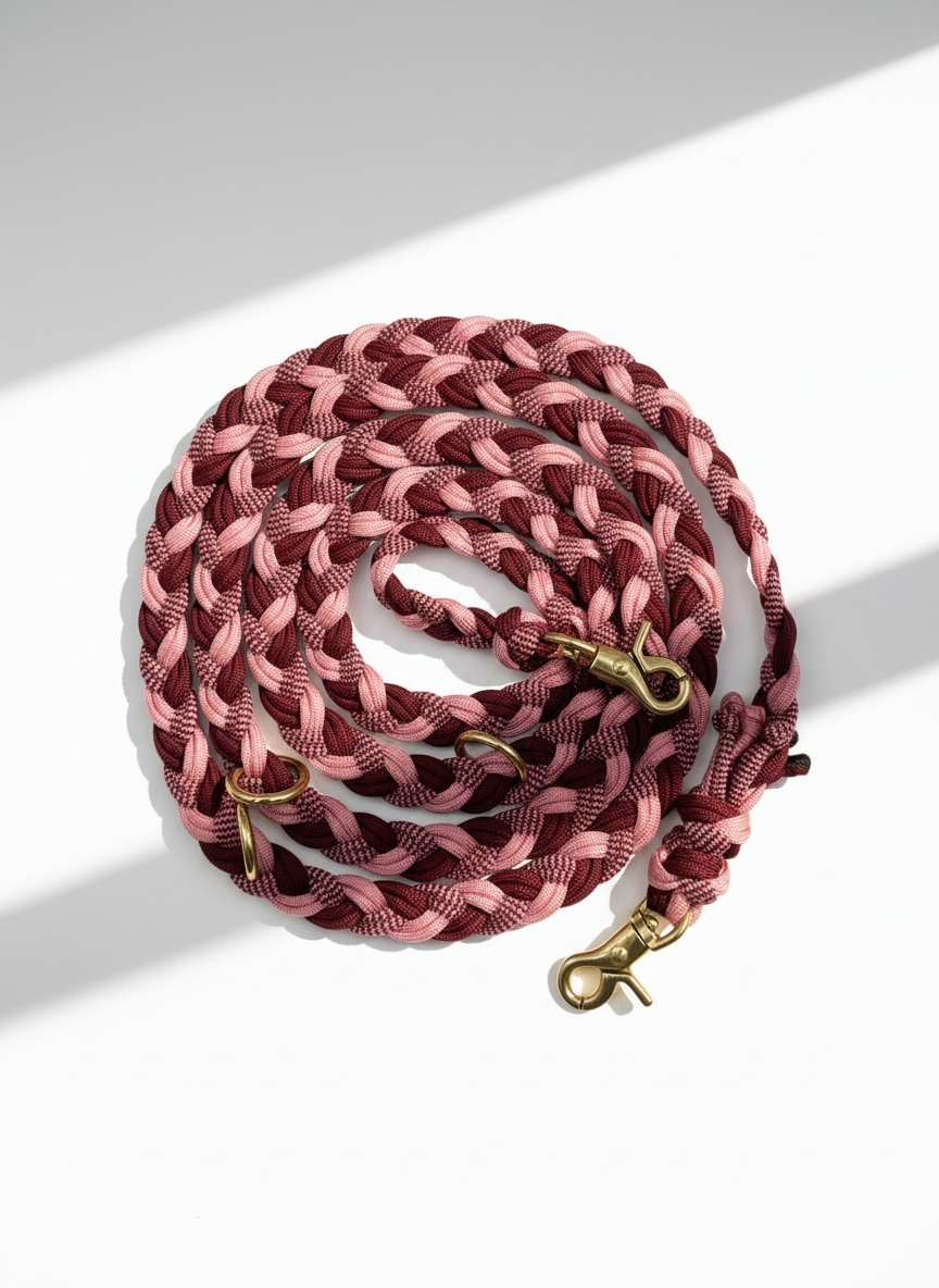 Paracordleine Gesamtansicht der geflochtenen Leine in rosa, burgundy und rot. Beschläge aus messing in Gold. 