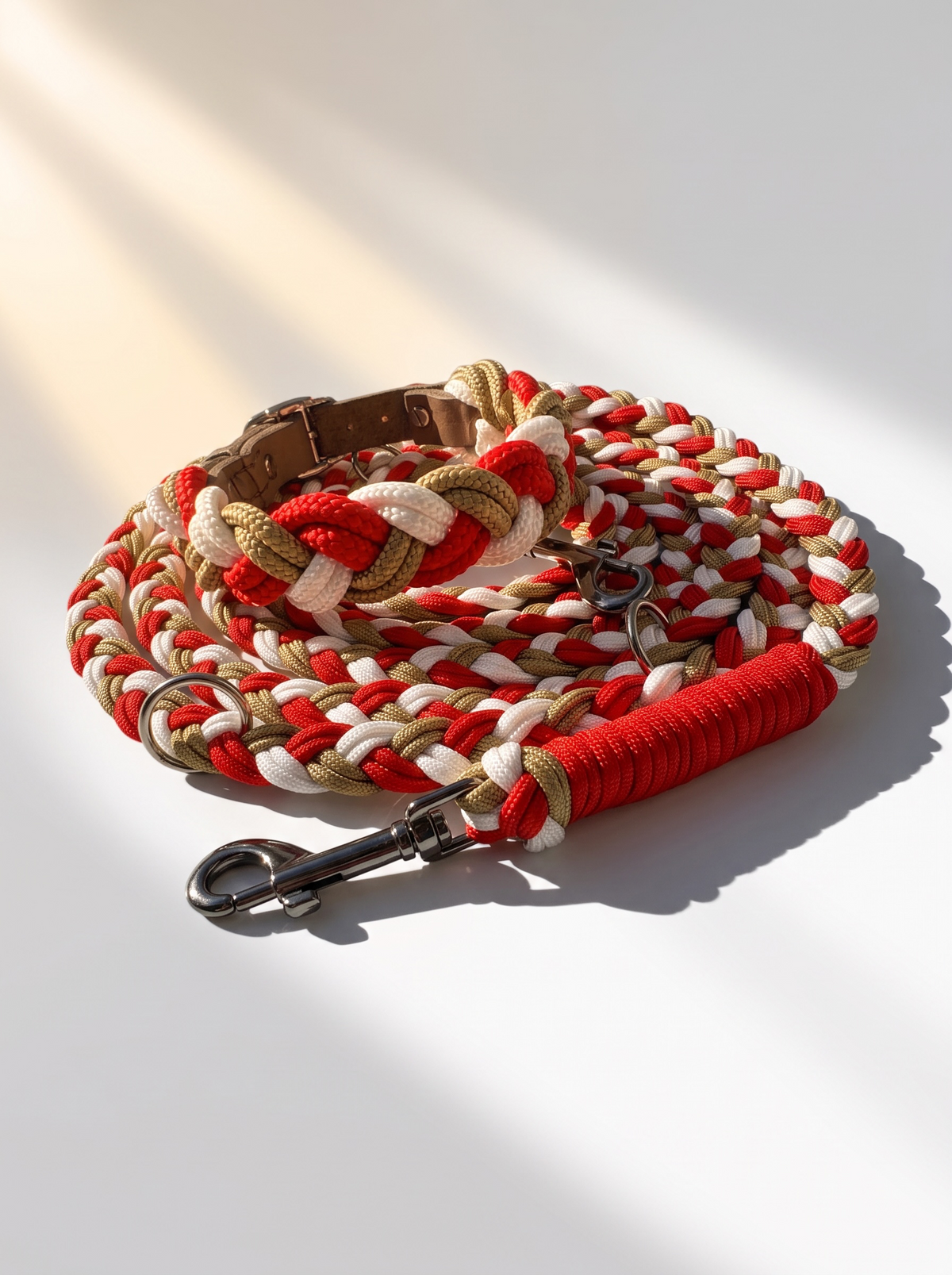 Hundeleine in den Farben: Rot, Gold und Cream. Mit Messing Beschlägen. Geeignet für kleine, mittlere und große Hunde, da die Leine komplett personalisierbar ist. Ansicht Halsband und Leine 