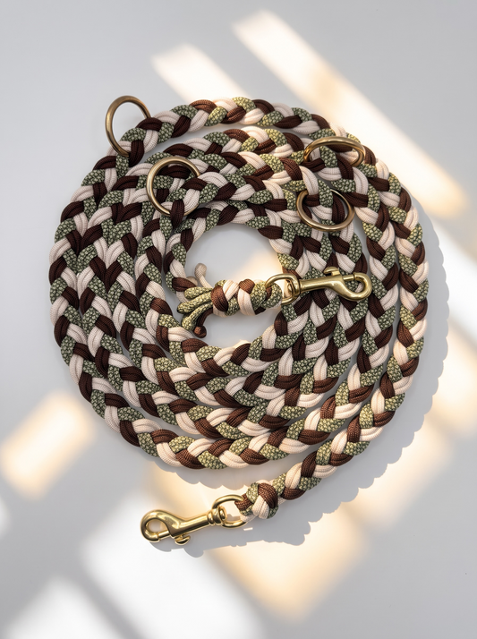 Hundeleine aus Paracord Typ 3 geflochten. Bestehend aus Walnut Braun, Moss Diamond und Cream Seil - Herbst Kollektion mit golden Beschlägen - personalisierbar. Draufsicht 