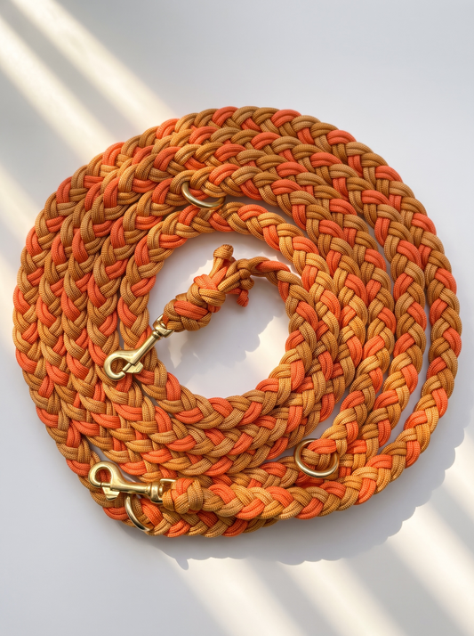 Paracordleine geflochtene Hundeleine in Halloween Optik orange. Herbstliche Farben: Apricot, Royal und Sunsetorange. Für alle Hunde geeignet, wird ans Gewicht angepasst. Draufsicht 